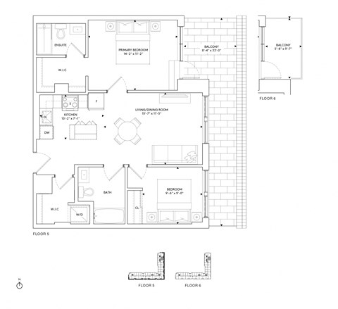 Floor plan for 2 beds, 2 baths, 883 sqft